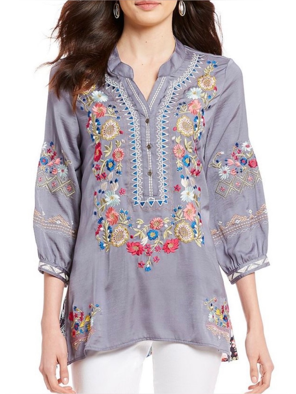 John Mark Gray Embroidered Split-Neck Tunic
